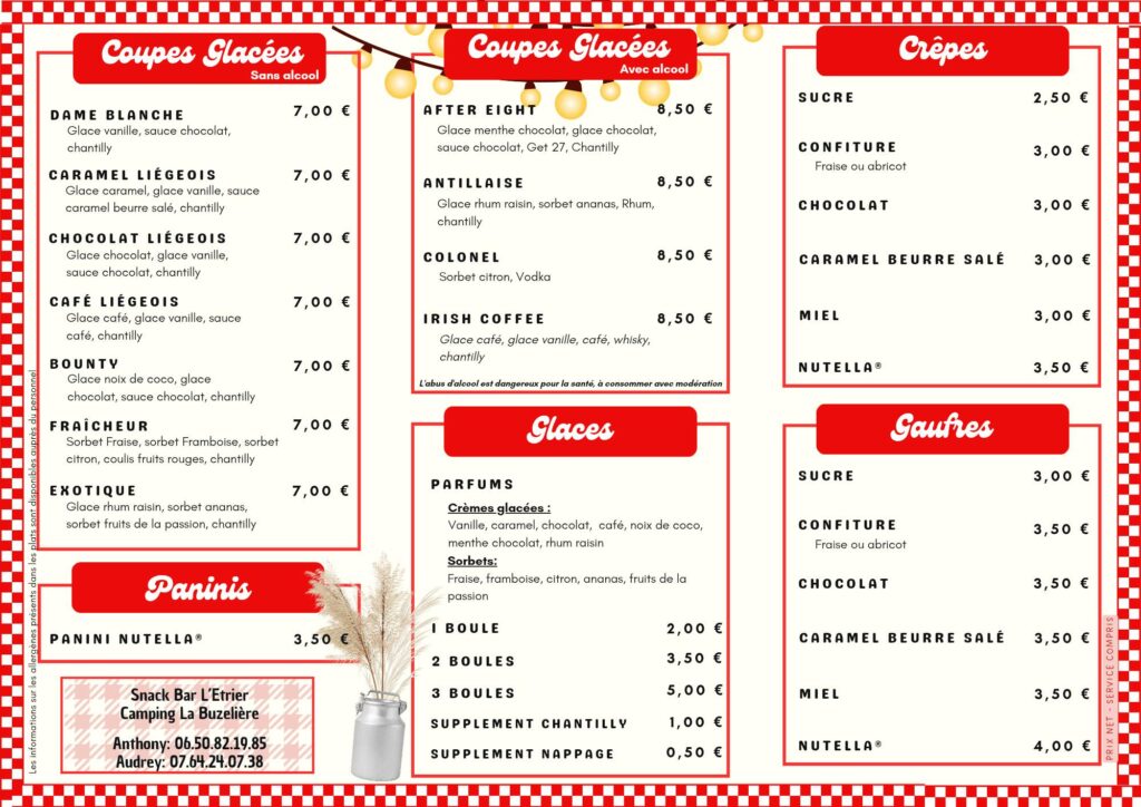 Menu du snack-bar l'Étrier - Saison 2025